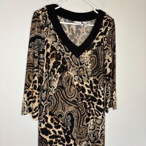 CHICO'S Animal Print Dress Womens M V-Neck Black Gold 3/4 Sleeve Flowy